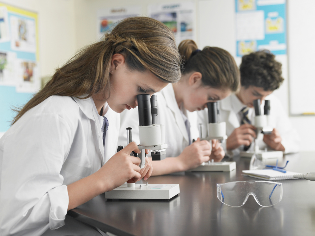 Secondary school Key Stage 5 students doing a practical experiment with microscopes.