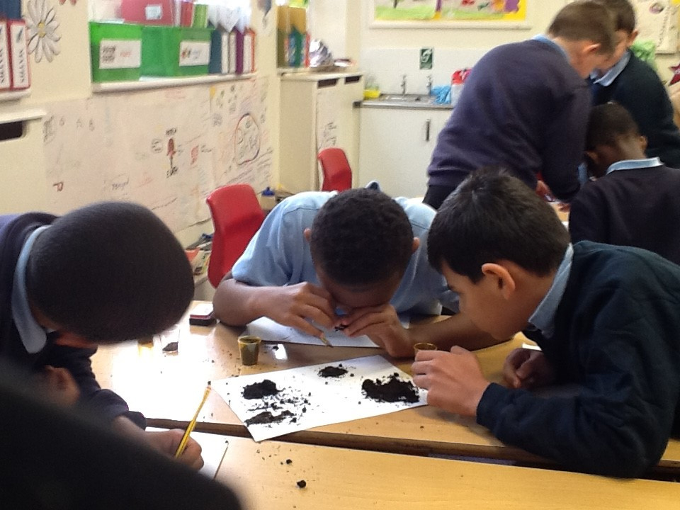 School pupils examining soil in a science lesson.