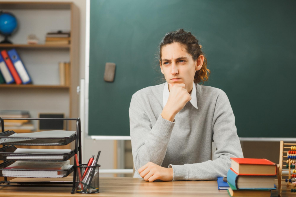 Young female teacher thinking metacognitively at her classroom desk.