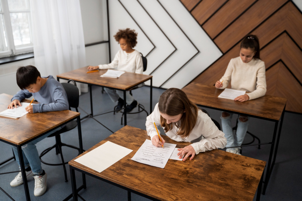 Primary or secondary school students taking a test in a classroom.