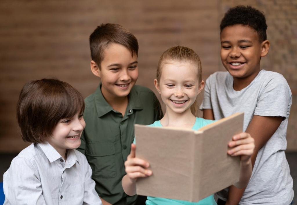 Primary school children reading a classical book together.